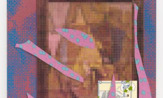 A depicts a pixelated, colorful pink, blue, and brown collage of a framed painting overlaid with pink pixel-like geometric shapes and a Garfield cartoon panel.