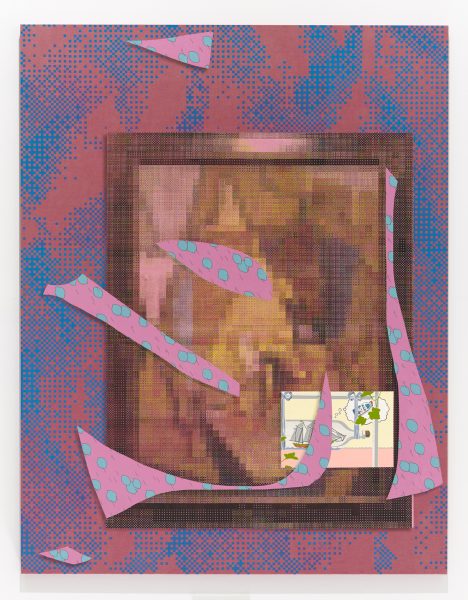 A depicts a pixelated, colorful pink, blue, and brown collage of a framed painting overlaid with pink pixel-like geometric shapes and a Garfield cartoon panel.