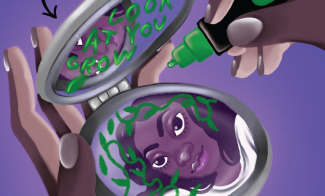 An illustration of a young girl looking into a compact makeup mirror and writing "look at you grow" in green marker.