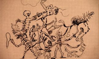 A still from an animated drawing showing black outlines of assorted abstracted figures in an active, dynamic scene resembling a parade or circular gathering.