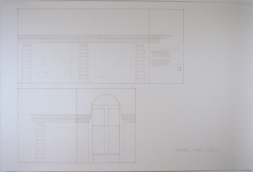 A pencil and ink architectural rendering of the side and front of a single-story building.