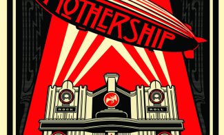 A red and black screenprint of a Led Zeppelin album cover featuring an airship flying over an art deco building against a black and red background.