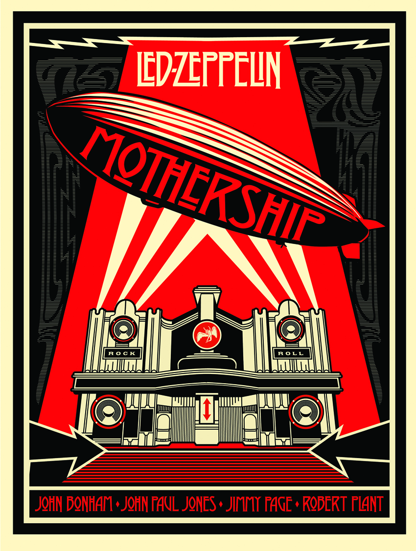 A red and black screenprint of a Led Zeppelin album cover featuring an airship flying over an art deco building against a black and red background.