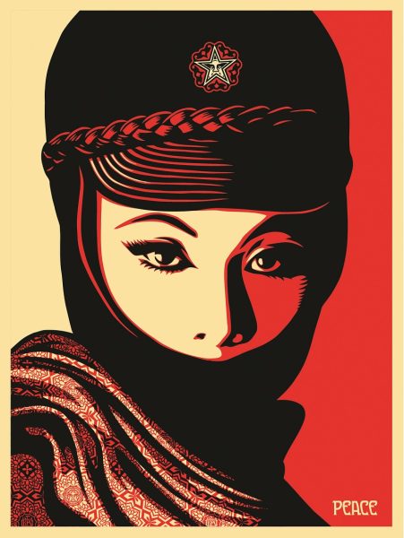 A red and black screenprint of a woman's face partly obscured by a mask and cap with a circular logo. 