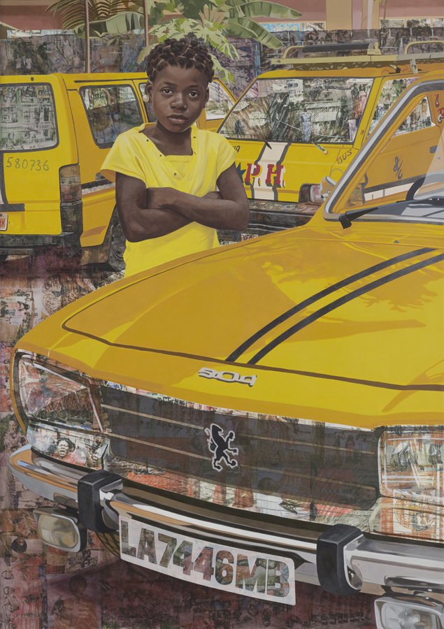 A painting of a medium-dark-skinned child dressed in yellow surrounded by three yellow cars. 