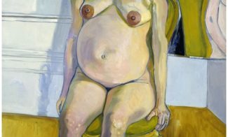 A full-length portrait painting of a nude pregnant woman with pale skin and eyes and short dark hair seated on a yellow chair with her arms at her sides, gazing at the viewer. A mirror in the top right of the painting shows her reflection from the back.