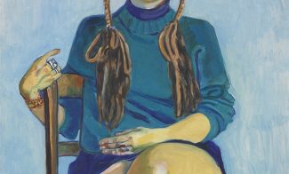 A portrait painting of a seated woman with pale skin, long brown braided pigtails, and a short blue long-sleeved dress and knee socks gazing at the viewer. Her right arm is slung over the back of the wooden chair.