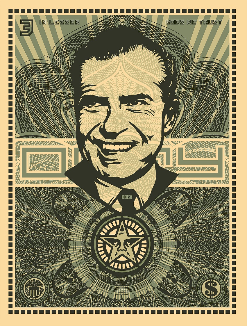 A screenprint of Richard Nixon's portrait bust overlaying a monochromatic green design resembling U.S. paper currency.