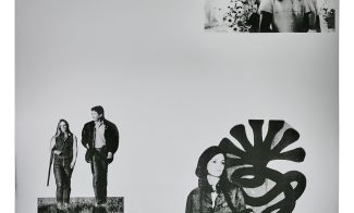 A screenprint on aluminum shows three newspaper clippings reproduced in black paint of young white women in various, unrelated scenes and poses.