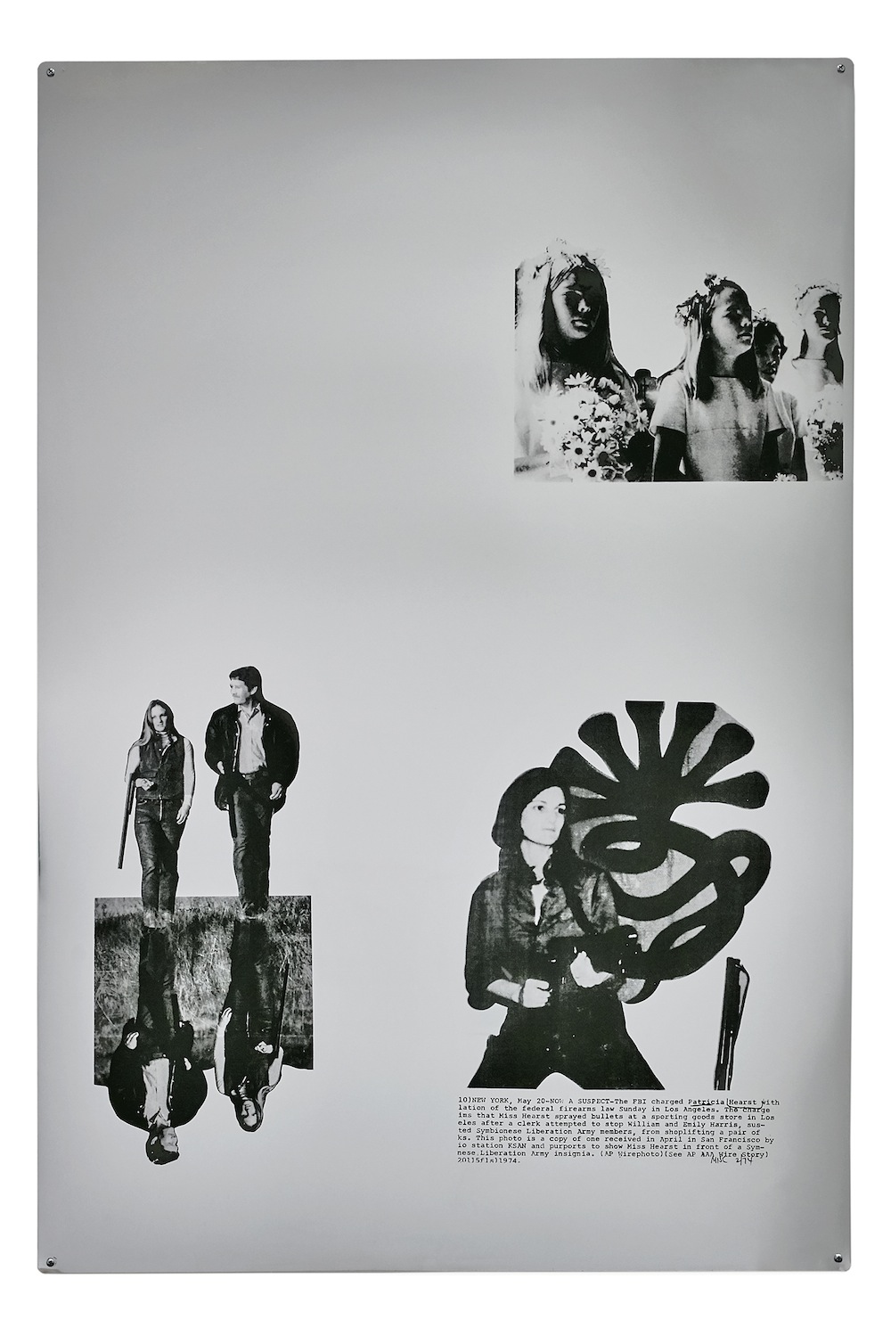 A screenprint on aluminum shows three newspaper clippings reproduced in black paint of young white women in various, unrelated scenes and poses.