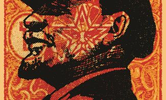 A red, black, and orange screenprint of Lenin's portrait in profile overlaying an intricate red and orange design and "OBEYGIANT" along the bottom edge.