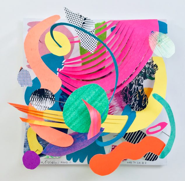 A three-dimensional abstract artwork comprised of brightly cut out, irregularly shaped paper fitted together