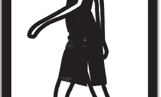 A still of a black-and-white simplified figure in a black dress walking to the left on a white background in a vertically-oriented black frame.