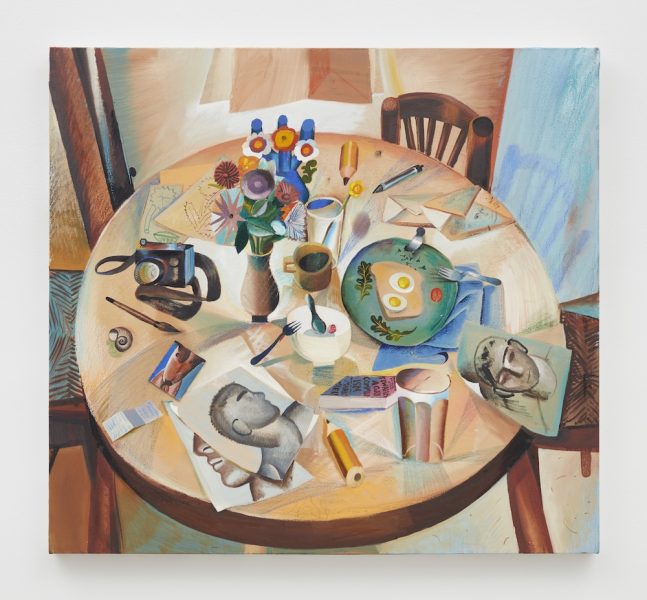 An almost-square painting depicting a stylized breakfast table from above. 