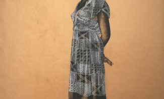 A drawing in Conte crayon on butcher paper depicts a Black woman in a patterned dress and black sneakers with white stripes standing in profile, facing left. She holds a box cutter behind her back.