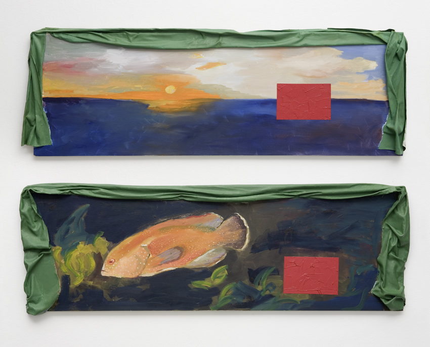 Two long horizontal oil paintings on wood hang one below the other. The top depicts a sunset over water, the bottom an underwater scene of an orange fish. Each scene is disrupted by a solid red rectangle, and each painting is draped with green fabric along the top edge.