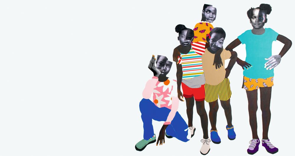 A painting of Black children against a white background with photocollaged features