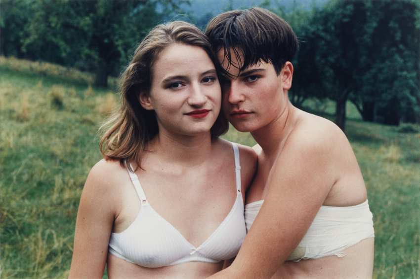 A color photograph of two light-skinned adolescents posed in an embrace in an open field, shirtless except for a bra and a binding bra and facing the viewer directly.