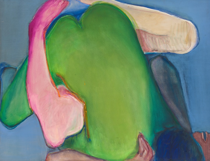 An oil painting of two figures embraced in an erotic, intimate position, shown from above. The figure on top is painted bright green with blue hair; the figure on the bottom is painted pink, tan, and dark grey.