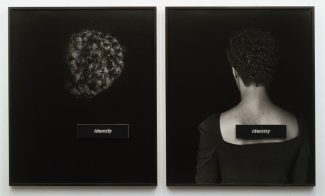 Two black-and-white photographs with black backgrounds, one of a section of dark, curly hair with a placard reading “identify” and one a portrait of a  Black woman in a scoop-neck black top shown from the back with a placard reading “identity” affixed to the bare skin of her upper back.
