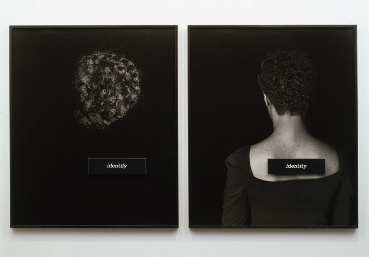 Two black-and-white photographs with black backgrounds, one of a section of dark, curly hair with a placard reading “identify” and one a portrait of a  Black woman in a scoop-neck black top shown from the back with a placard reading “identity” affixed to the bare skin of her upper back.