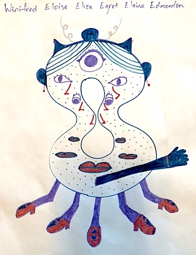 Drawing of a monster with 5 eyes, mouths, noses, and legs.