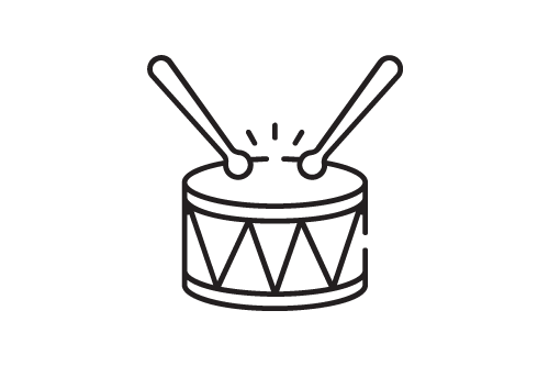 Icon of drumsticks beating on drum. 