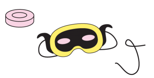 Icon of pink tape roll, yellow and black painted mask, and string.