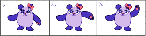Illustrated graphic of three frames of an animation of a purple and pink cartoon bear