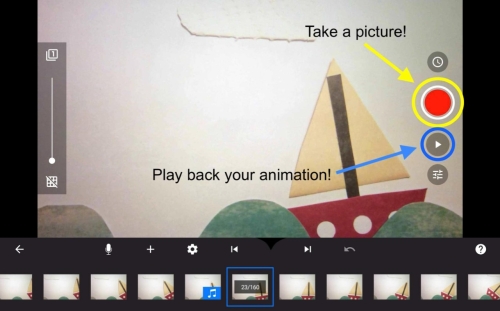 Screenshot of a video editing app identifying how to take a picture or play back an animation.