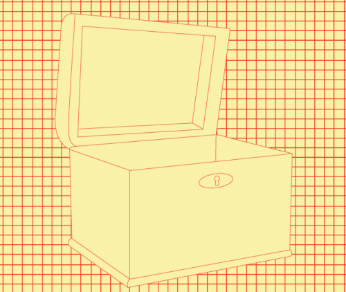 Red and yellow graphic of a treasure chest against a checked background