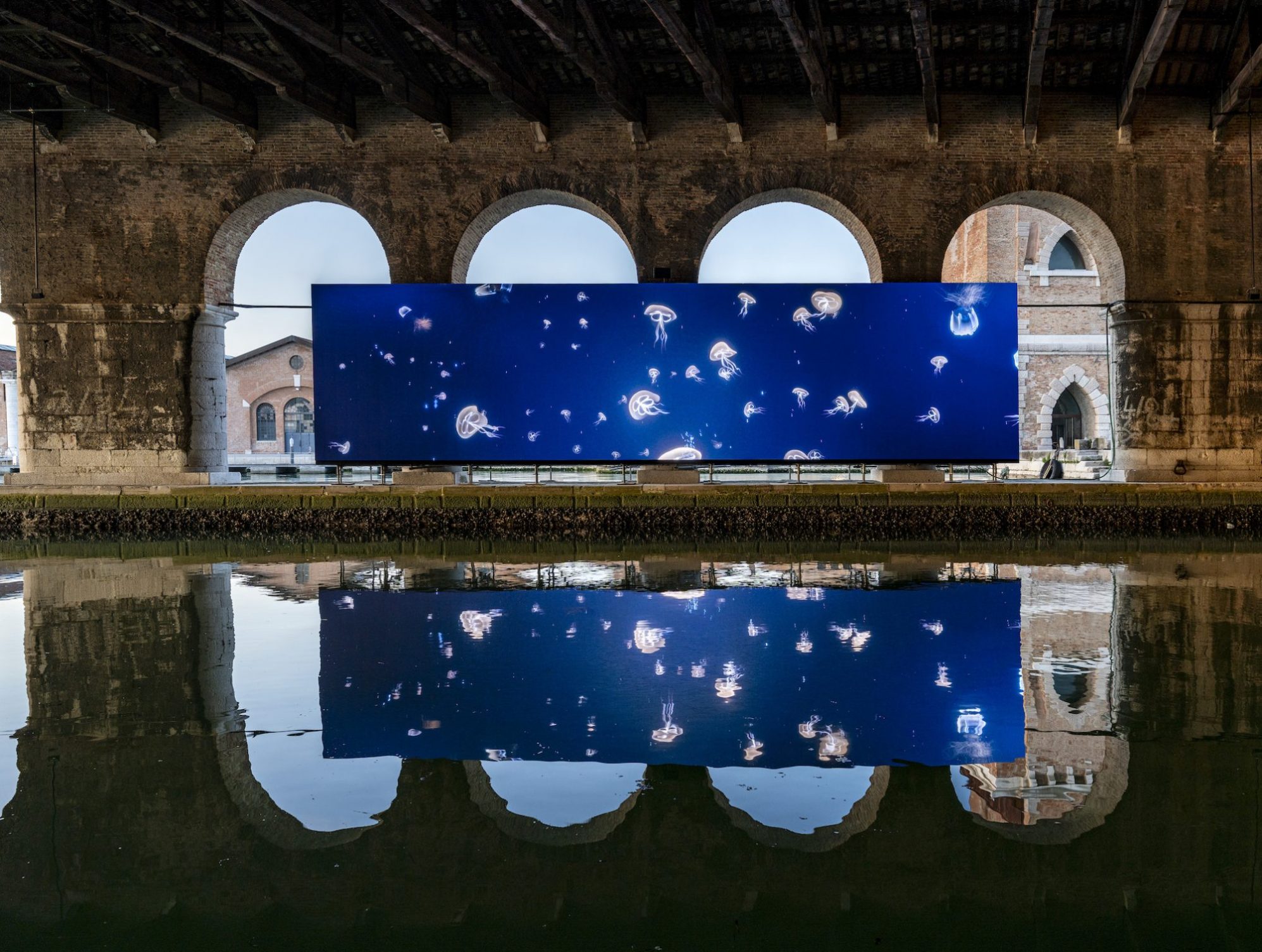Wide horizontal screen of jellyfish against a blue ocean installed against arched doorways outdoors and reflected in water