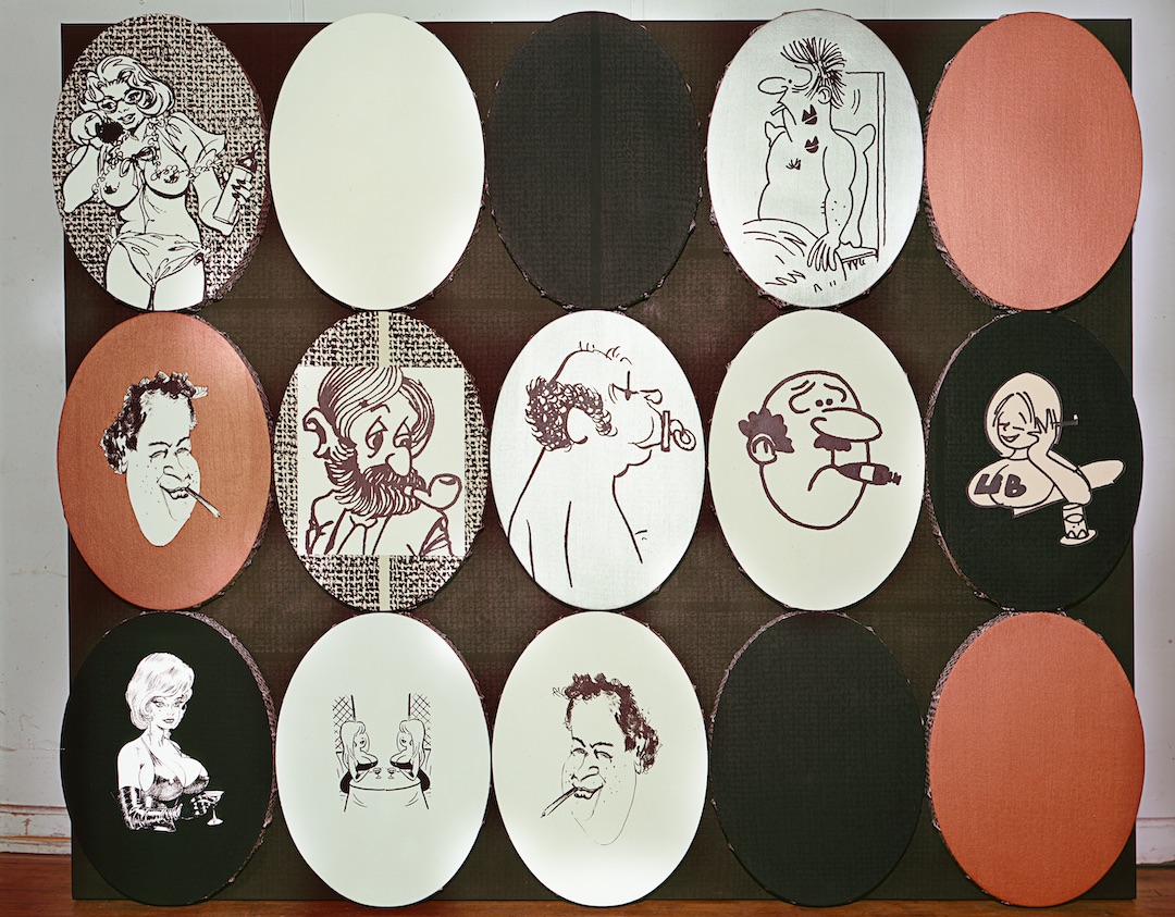 An acrylic and ink painting of three rows of five white, orange, and black ovals containing various cartoon graphics and caricatures of older men and busty women.