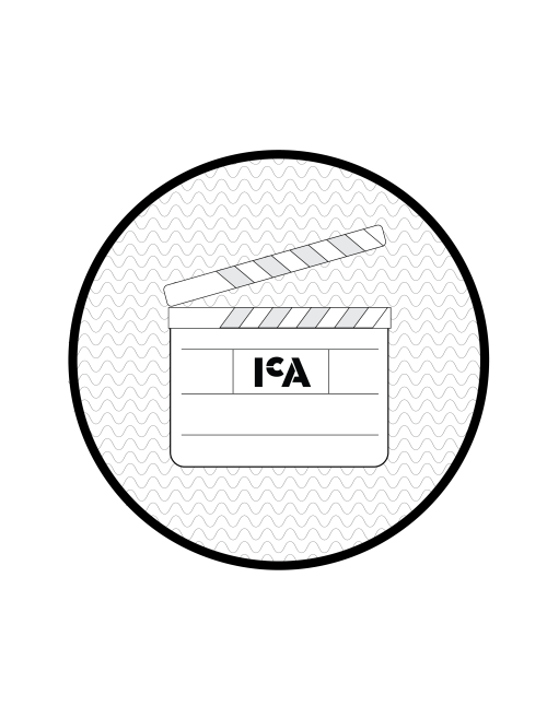 Illustrated icon of a director's slate that says ICA on it