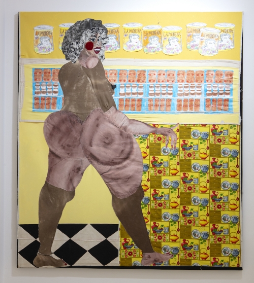 A collaged painting of a full-figured, medium-dark-skinned woman shopping in a bodega. She stands naked before a wall of canned goods and a yellow background.