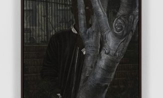 Dark, muted painting of a dark-skinned figure peering behind a tree