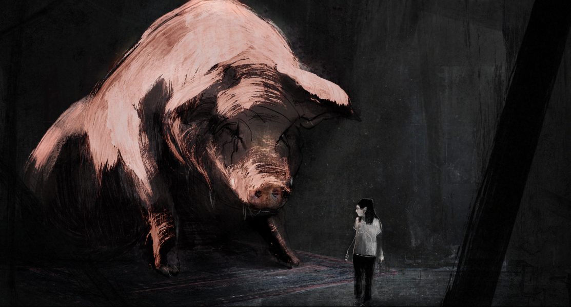Illustrated scene with visible brushstrokes of a girl looking at a giant pig behind her in a dark space