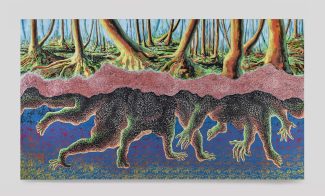 A colorful artwork depicting unspecified animals underground and trees above.