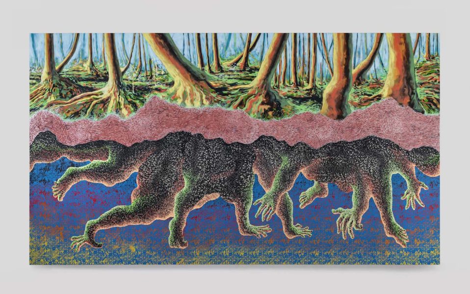 A colorful artwork depicting unspecified animals underground and trees above. 