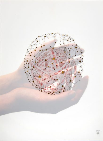 Print artwork of a hand holding a sphere with words on it, outside the sphere there are gold dots and lines connecting them