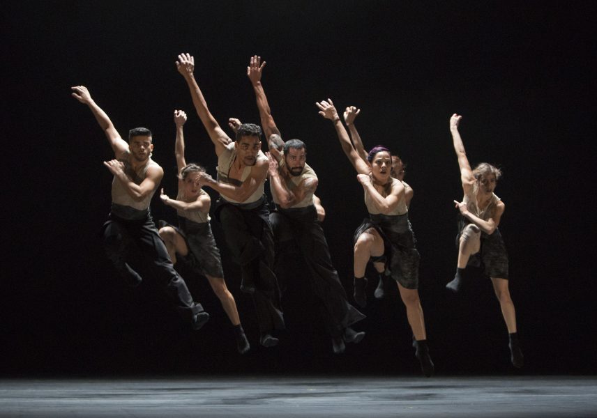 a group of dancers are mid air with one arm in the air while gazing firmly at the audience