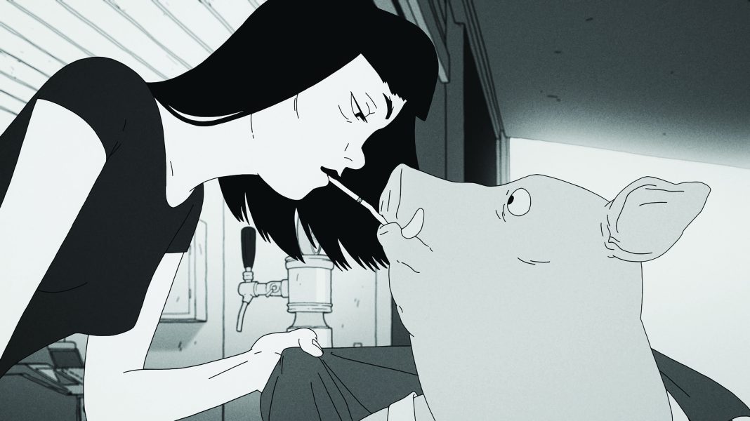 A stylized, black-and-white animated image of a woman with dark hair holding a pig’s face close to hers, connected by a straw; a brewery tank sits in the background. Inspired by works seen at Sundance Film Festival and ICA Boston.