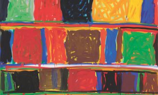 An abstract composition of loosely rendered rectilinear shapes in rows, many in primary colors.