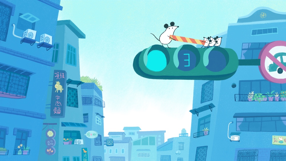 A cartoon mouse hands a large striped popsicle to a smaller mouse while sitting on a green traffic light above a city street lined with blue buildings with animals peeking from balcony windows.