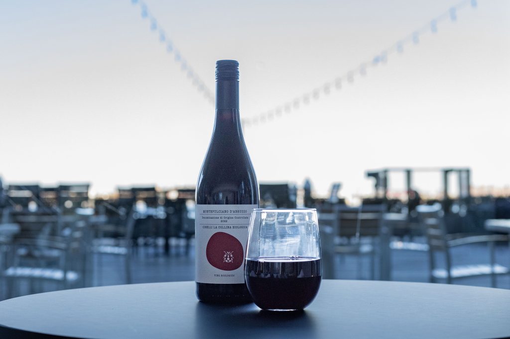A bottle of red wine next to a glass of red wine on a table facing a window