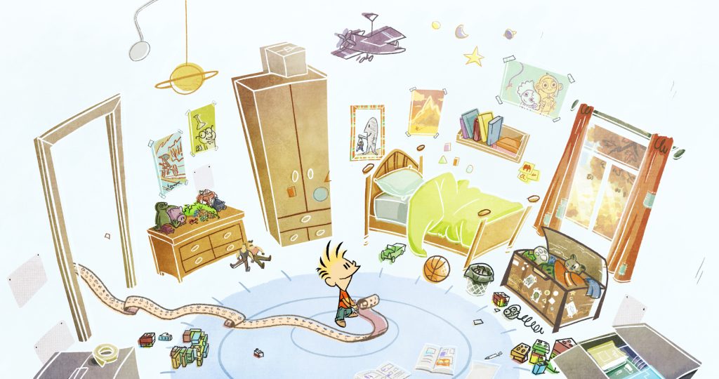 Illustrated scene of a child in a bedroom with toys strewn about