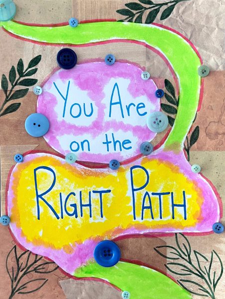 Colorful mixed media drawing of a path and text