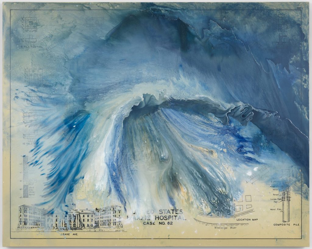 Painting of large blue waves over architectural diagrams of a hospital