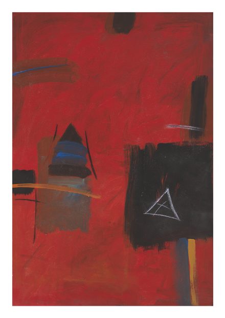 This abstract painting showcases a vibrant red background with geometric shapes. A black triangle outlined in white sits on the right, while layered dark forms fill the left. Bold streaks of blue and yellow weave contrast throughout.