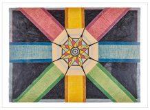 Geometric abstract artwork featured in an indigenous present exhibition, showcasing a central starburst pattern with yellow, red, blue, green, and black rays extending outward amid overlapping colored bands and shaded background sections.
